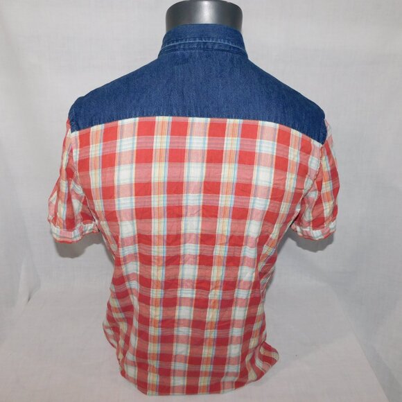 Salt Valley Western Mens M Red Plaid Denim Detail Short Sleeve pearl Snap Shirt - Picture 10 of 12